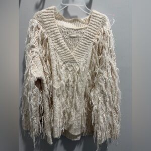 Anthropologie Cream V-Neck Fringed Sweater
